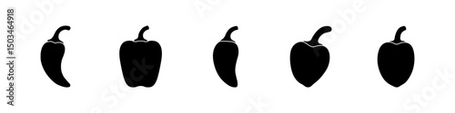 Set of black peppers vector. Vector icon set of hot fire peppers. Chili peppers, jalapeno, habanero, cayenne. Set of fruits vector. Vector illustration.