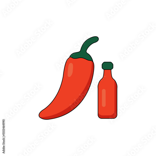 Hot pepper with sauce bottle vector logo. Hot pepper vector. Green jalapeno pepper vector. Vector logo for sauce. Spicy food and vegetables. Vector illustration.