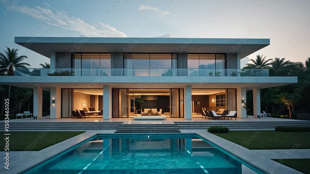 Stunning contemporary villa with a sparkling pool reflecting the serene twilight sky