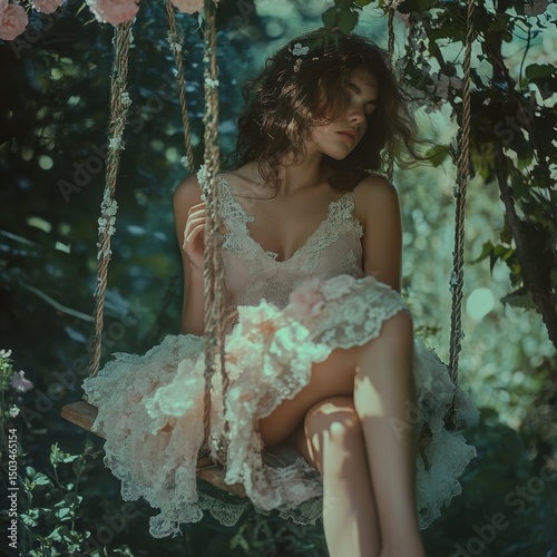 A dreamy woman in pastel dress sitting on a swing in a garden