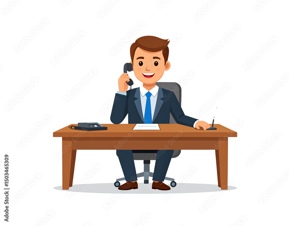 Smiling cartoon businessman in suit on phone at desk with office supplies Smiling cartoon businessman in suit on phone at desk with office supplies