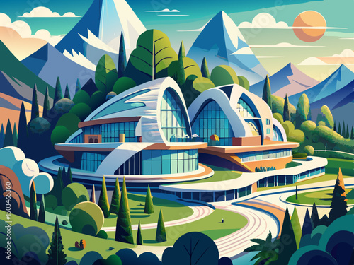 vector of Eco-friendly modern architectural design of unique curved buildings set in a mountain landscape surrounded by lush trees.