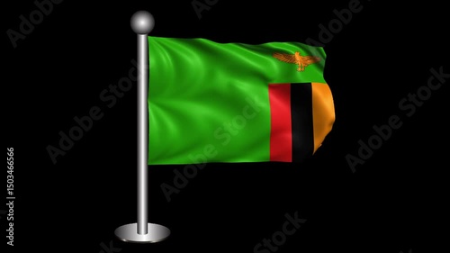 Zambia Flag Waving on 3D Flagpole
