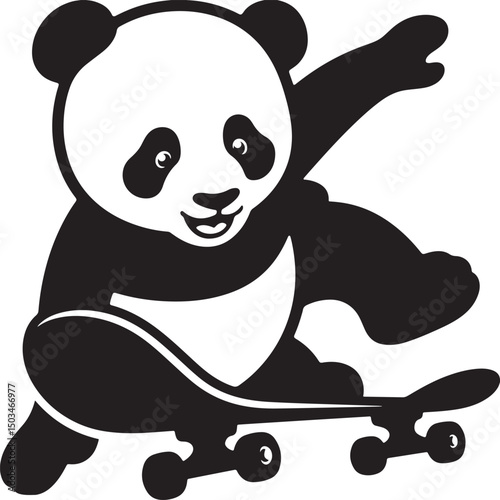 Panda on skateboard playful black white, Cool panda doing skate tricks