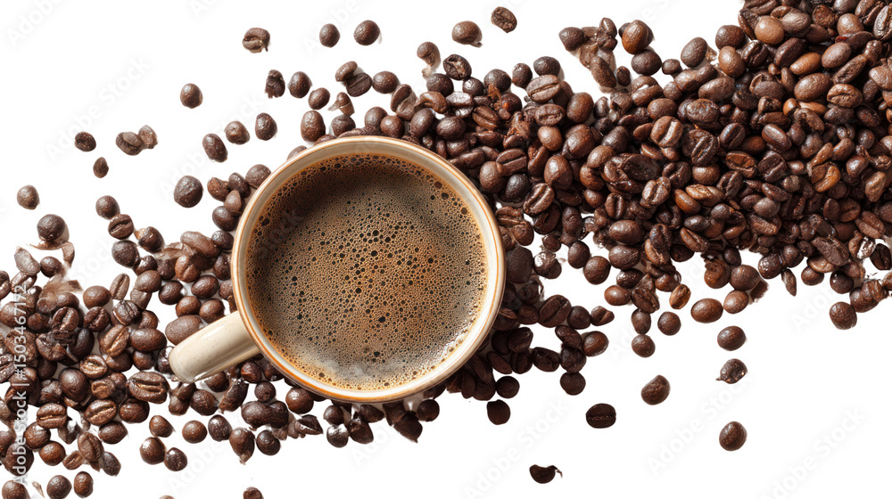 Obraz premium Coffee cup with aromatic beans, isolated on a white background