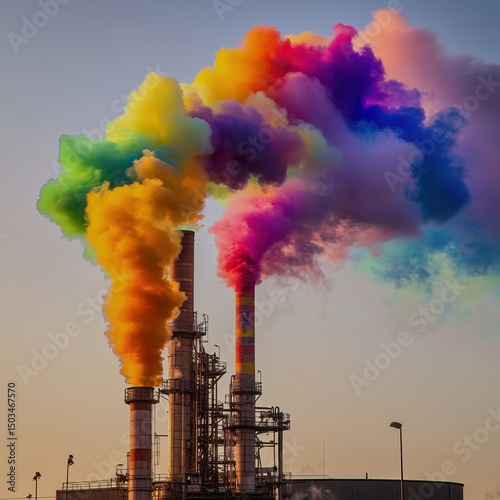 A factory emitting colorful chemical smoke into a clear sky