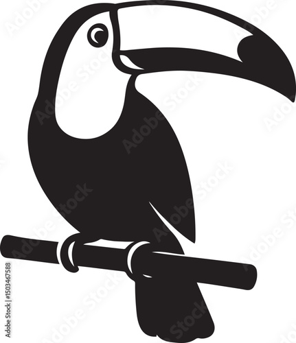 Stylized toucan on tree branch art, Tropical toucan black and white silhouette