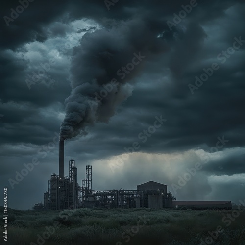 A factory emitting dark smoke against a dramatic stormy sky