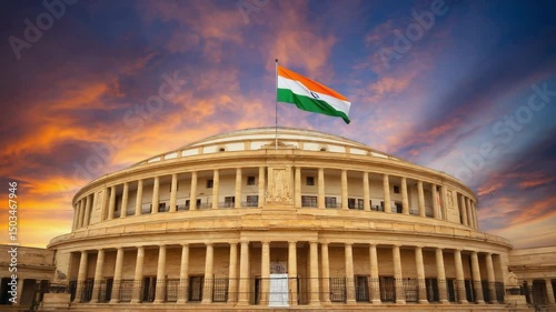 Indian Flag Waving on Top of the Parliament House Building in New Delhi at Sunset