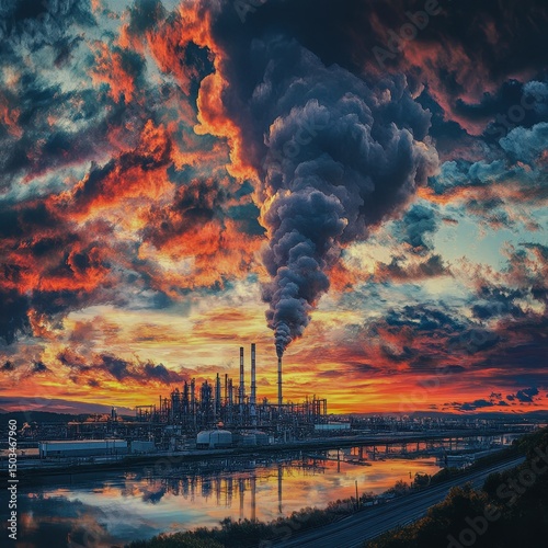 A factory emitting toxic plumes into a sunset sky captured with an HQ camera