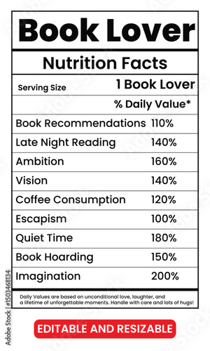 book lover nutrition facts, book lover nutrition facts label, book lover facts chart template, book lover gift tag