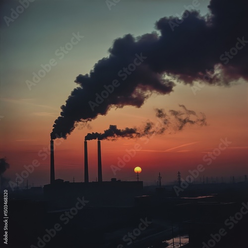 A factory with smokestacks emitting smoke into a vibrant sunset sky