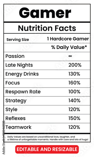 gamer nutrition facts, gamer nutrition facts label, funny nutrition facts, nutrition label template for gamers, gaming gift design