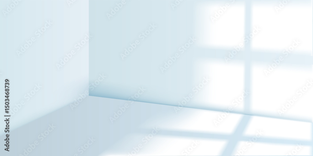 Fototapeta premium Empty room with soft light and shadow from windows on the walls and light blue floor. Interior of a minimalist studio. Soft abstract background for product presentation.