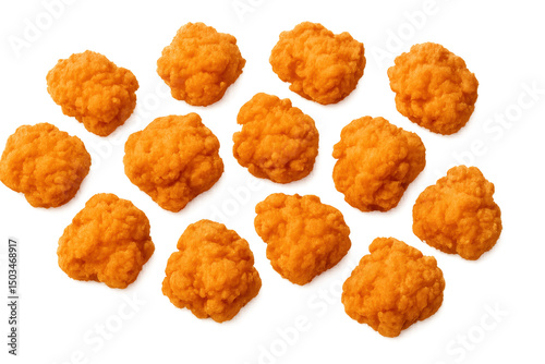 Colorful popcorn snack, fluffy orange popcorn scattered on a white surface, perfect for movie nights or casual gatherings. Isolated on white background or PNG
