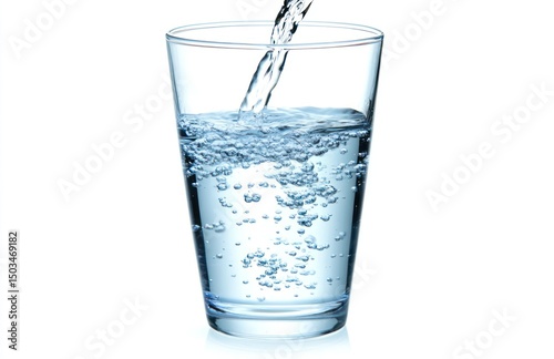 Water pouring into glass, bubbles, white background, hydration