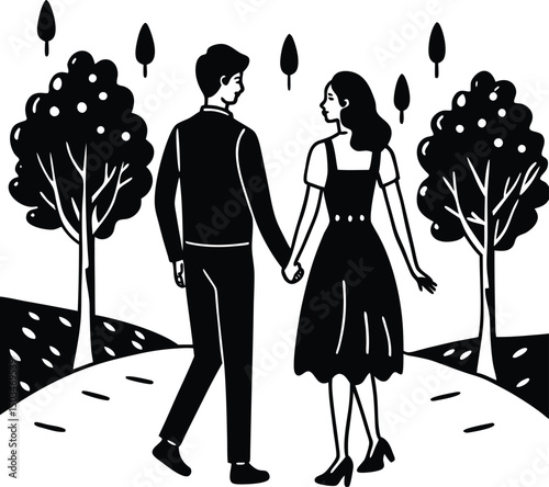 Couple Holding Hands Walking Through a Park