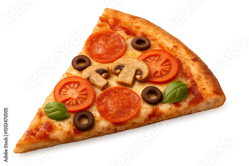 Delicious pizza slice topped with pepperoni, black olives, and green peppers on a white background, ideal for food-related content. Isolated on white background or PNG