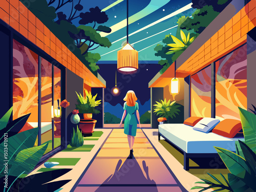 vector of Modern house with corridor bed with glowing garden lamps and beautiful girl with blonde hair walking down the corridor.