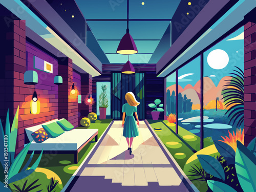 vector of Modern house with corridor bed with glowing garden lamps and beautiful girl with blonde hair walking down the corridor.