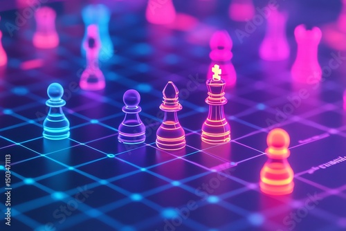 Strategic thinking symbolized chess pieces glowing on a futuristic grid