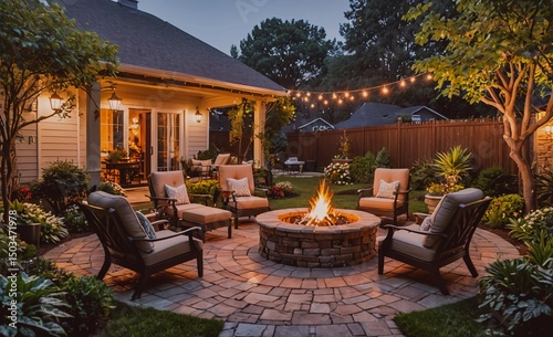 Fire pit surrounded by chairs and a patio with a white house in the background. The fire pit is lit and the chairs are arranged around it
