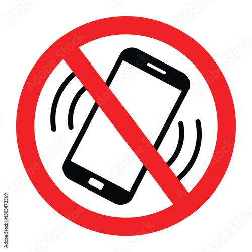 Prohibition sign: red circle with black slash overlays central smartphone emitting radio waves. Modern flat design, symbolic of restricted phone use. Bold red, black, white.