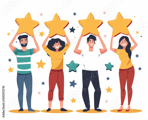 Four cheerful people hold up golden stars, celebrating success and positive feedback.