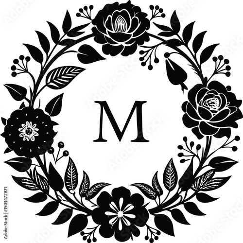 Floral Monogram Frame Silhouette Space For Letter
