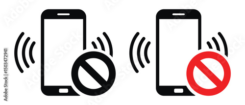 Prohibition sign: red circle with black slash overlays central smartphone emitting radio waves. Modern flat design, symbolic of restricted phone use. Bold red, black, white.