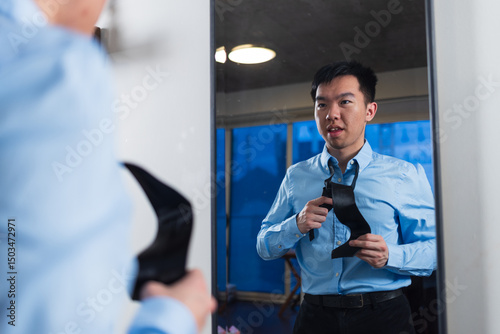 A young man tying a tie getting dressed for work
