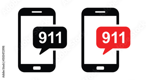 Two minimalist black smartphone icons with red '911' emergency call alerts (white text) displayed symmetrically on a white background. Flat outline design, central placement, clean vector illustration