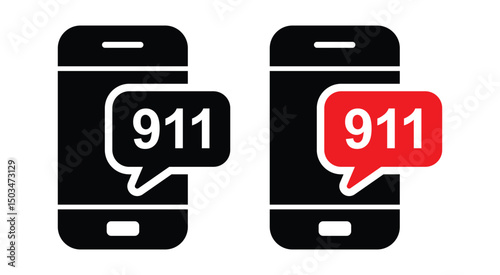 Two minimalist black smartphone icons with red '911' emergency call alerts (white text) displayed symmetrically on a white background. Flat outline design, central placement, clean vector illustration