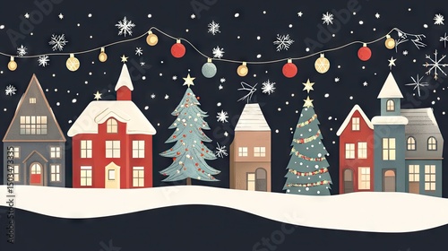 Winter wonderland village scene with houses and christmas trees.