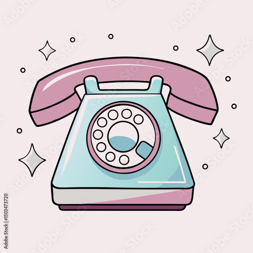 Retro rotary telephone with pink and blue design on pastel background  