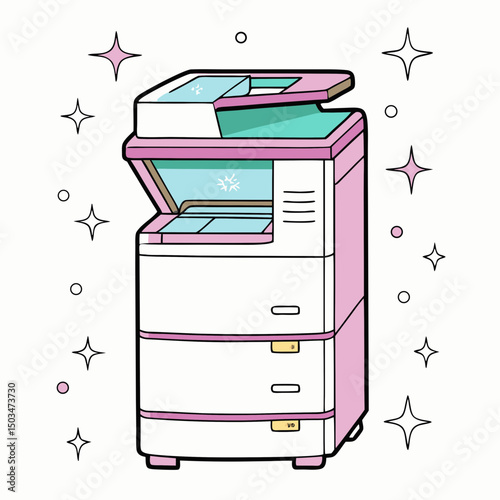 Colorful photocopier with clean lines and shapes surrounded by stars  