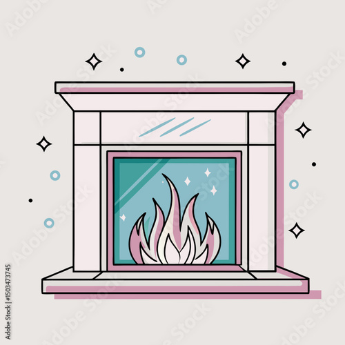 Colorful illustrated fireplace with geometric shapes and flames  