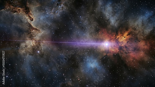 Fototapeta Naklejka Na Ścianę i Meble -  View of a pulsar emitting beams of light across vast interstellar space with surrounding gas clouds and cosmic rays creating a dynamic scene