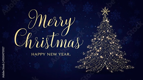 Golden Christmas Tree Glow Merry Christmas  Happy New Year Card.