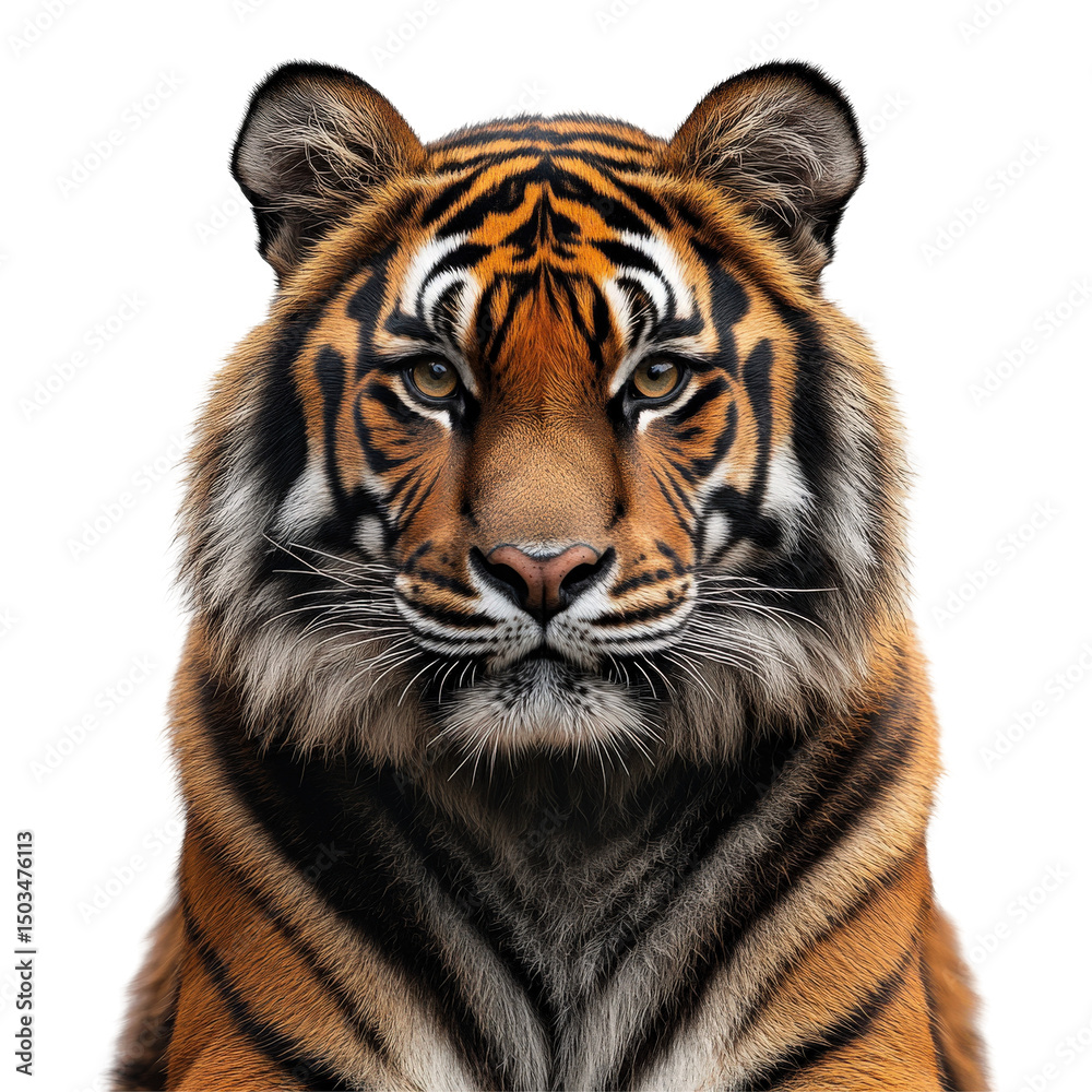 Obraz premium Majestic tiger portrait displaying intricate fur details and penetrating gaze