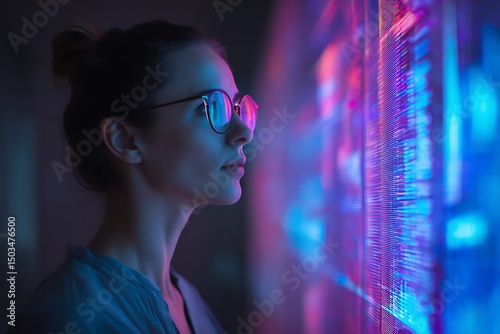Woman with glasses looking at a screen with blue and pink light reflecting in her glasses