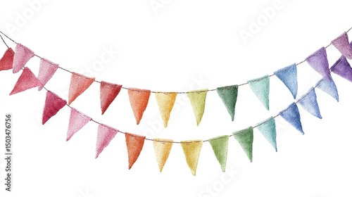 Watercolor Flags Colorful Celebration Pennants on White with Party Decor.