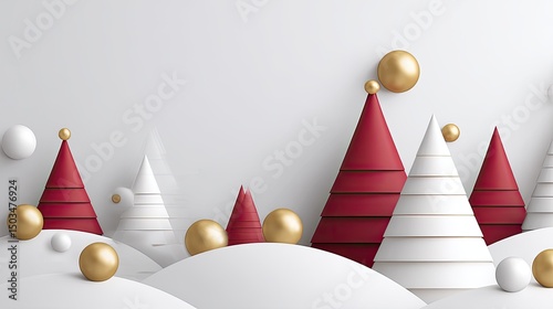 Festive Forest Red with White  Gold Christmas Trees on Snowy Hills.
