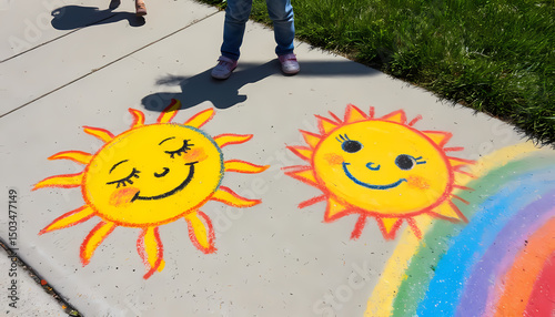 Cheerful sun drawings on sidewalk with rainbow and child’s feet nearby  