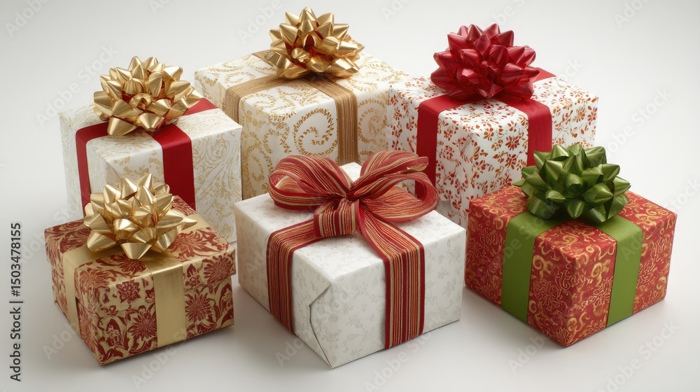 Obraz premium Festive Gift Stack Wrapped Presents with Bows with Holidays, and Celebration.