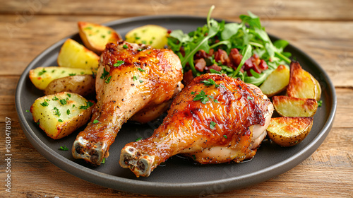 Two appetizing grilled chicken legs served with roasted potatoes and fresh green salad on a gray plate now.