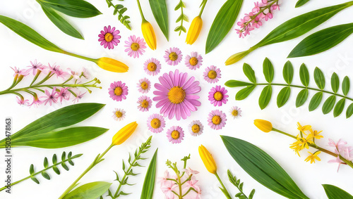 Bright mandala-style composition made of green leaves, yellow buds, and pink flowers, arranged symmetrically on a white background.
