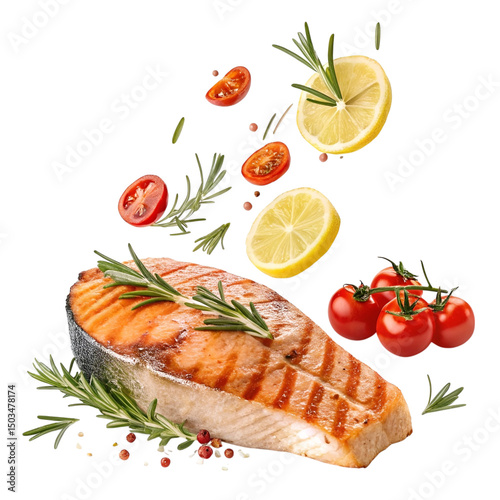 Juicy grilled salmon steak accompanied by slices of lemon, fresh tomatoes, and rosemary sprigs, all appearing to float in mid-air in a realistic 3D style, isolated on a transparent background.