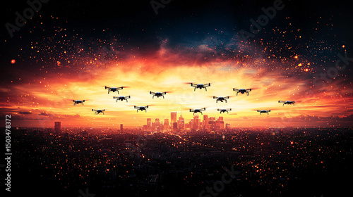 Aerial drones fly over a cityscape at sunset creating a futuristic and dramatic visual composition now.