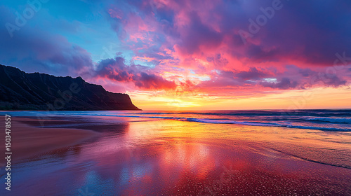Fototapeta Naklejka Na Ścianę i Meble -  A stunning sunset paints the wet sand and ocean with vibrant colors near the dark silhouette mountains.